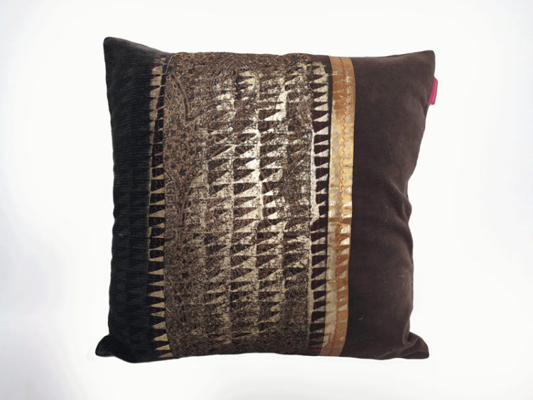 housse coussin patchwork or marron
